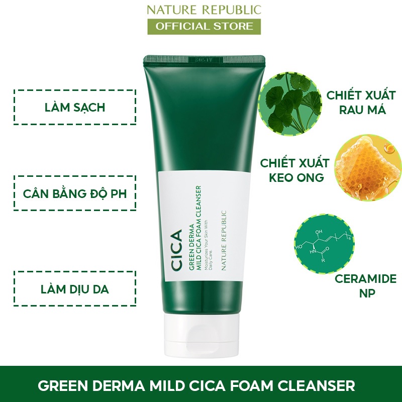 Công dụng của Sữa rửa mặt Nature Republic Green Derma Mild Cica Foam Cleanser