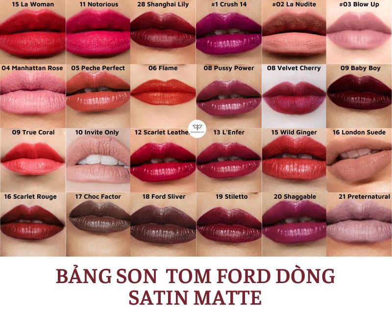 Bảng màu đa dạng của Tom Ford Lip Color Satin Matte