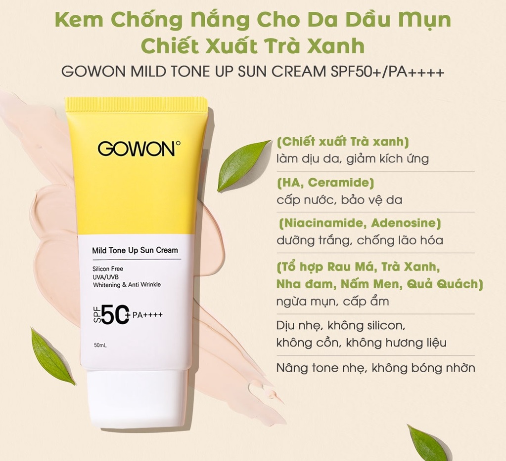Công dụng của Gowon Mild Tone Up Sun Cream SPF50+/PA++++