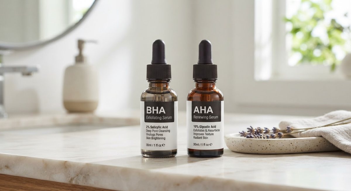 Hai lọ dropper AHA và BHA đặt cạnh nhau trên mặt đá