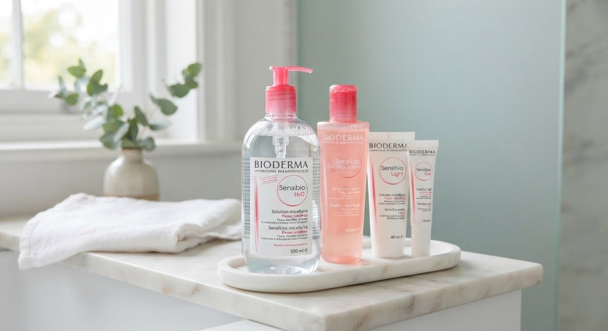 Các chai nước tẩy trang micellar đặt trên khay đá