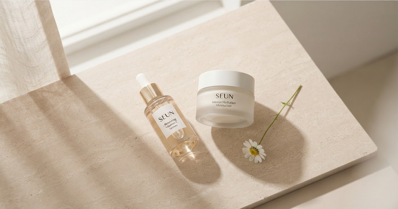 Serum và hũ kem dưỡng SEUN đặt trên khay đá màu nude cạnh một bông cúc trắng