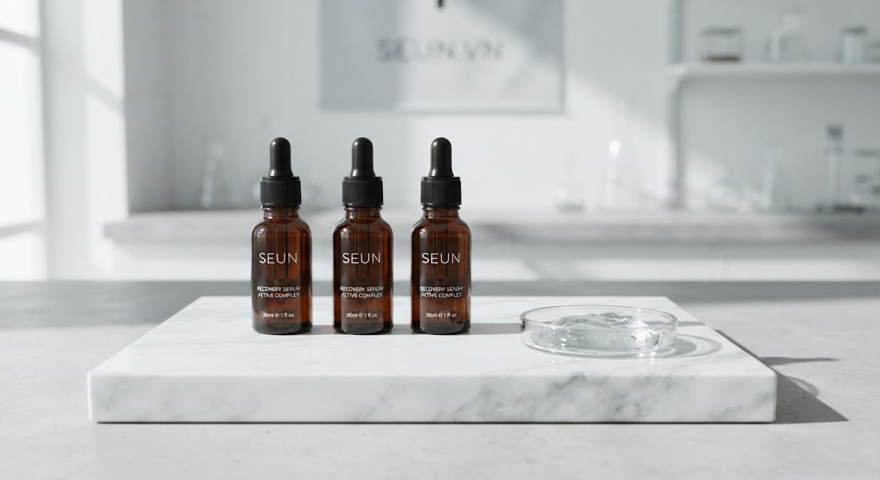 Ba lọ serum nhỏ giọt thủy tinh màu hổ phách xếp trên bệ đá cẩm thạch trắng